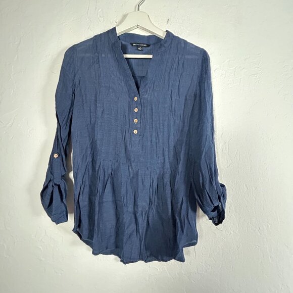 Zac & Rachel Womens Blue Crinkle Roll-Tab Sleeve Button-Front Henley Top Small - Picture 1 of 8